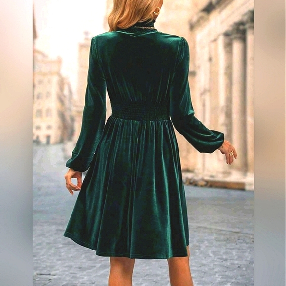 * New Luxe Velvet Smocked Turtleneck Dress Dark Green - Picture 5 of 8